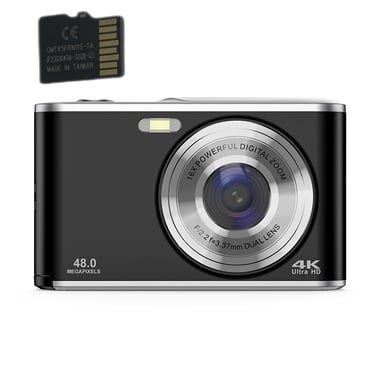 Appareil photo numérique 4K 48MP Webcam zoom 16x avec carte mémoire de 32 Go Black