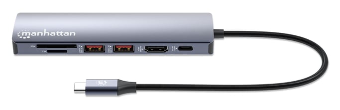 Manhattan Dock/hub USB-C con lector de tarjetas, puertos (5): Ethernet, HDMI, 2x USB-A y USB-C, con Power Delivery (PD) 100 W- requiere cargador USB-C externo (no incluido). Alimentado por USB (no requiere alimentación externa) cuando no se utiliza PD