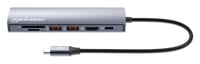 Manhattan Dock/hub USB-C con lector de tarjetas, puertos (5): Ethernet, HDMI, 2x USB-A y USB-C, con Power Delivery (PD) 100 W- requiere cargador USB-C externo (no incluido). Alimentado por USB (no requiere alimentación externa) cuando no se utiliza PD