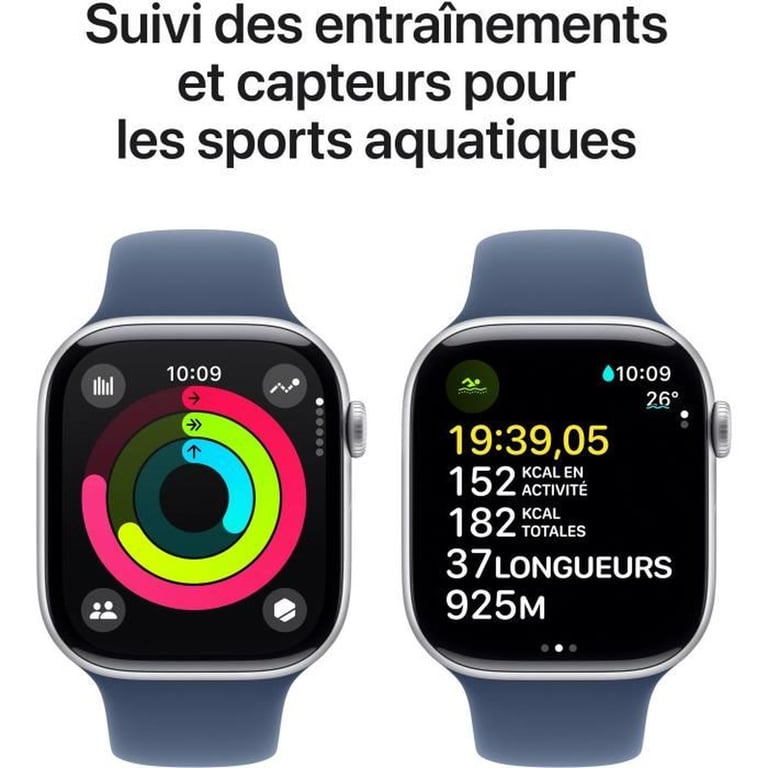 Apple Watch Series 10 (2024) GPS, Boitier Argent de 46mm avec bracelet Caoutchouc M/L, Bleu - Neuf