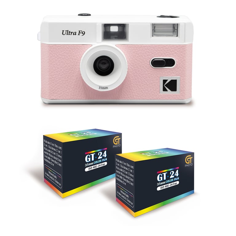 KODAK  Ultra F9 - Appareil Photo Argentique R&eacute;utilisable 35mm, Objectif Fixe 31mm F/9, Flash Int&eacute;gr&eacute;, Chargement Facile, Rembobinage Manuel - Rose + 2 Pellicules Couleur 24