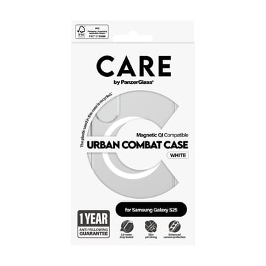PanzerGlass CARE™ by ® Urban Combat Case Transparent w. White Qi Compatible Samsung Galaxy S25 coque de protection pour téléphones portables Housse Samsung Samsung - Galaxy S25