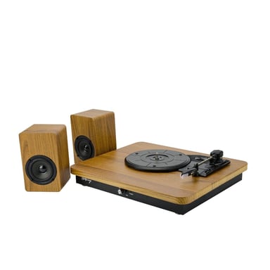 Giradiscos Halterrego con 2 altavoces externos, RMS 2*5W, RCA OUT, BT IN, adaptador incluido, lacado negro/acabado en madera