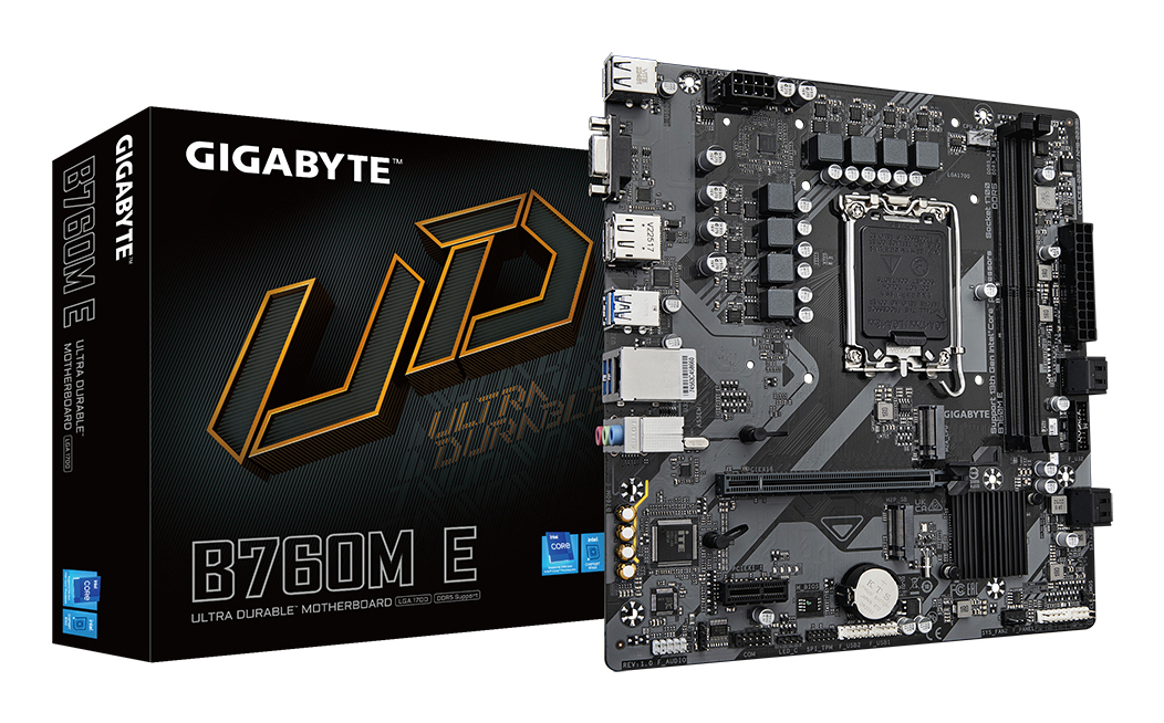 GIGABYTE B760M E Carte mère Compatible avec les processeurs Intel Core 14? génération VRM 6+1+1 phases jusqu'à 7200 MHz DDR5 OC 2xPCIe 4.0 .2 LAN 1 GbE USB 3.2 Gen 1 Neuf