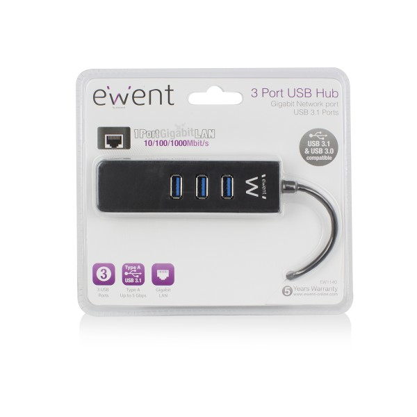 Ewent EW1140 station d'accueil USB 3.2 Gen 1 (3.1 Gen 1) Type-A Noir - Neuf