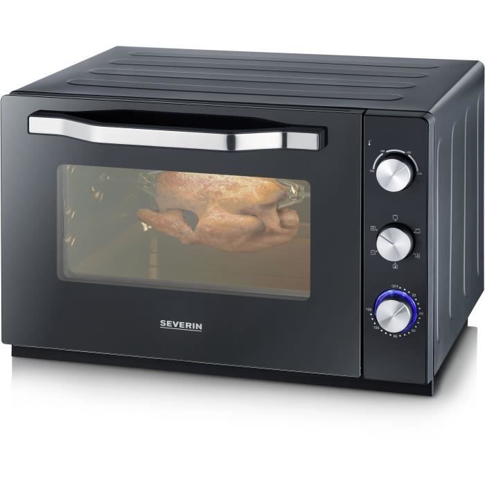 Four posable XXL a chaleur tournante SEVERIN - 60 L - 2 200 W - Tournebroche et pierre a pizza - Noir/Inox - Neuf