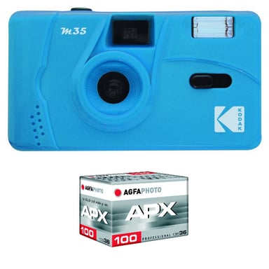KODAK M35 - Appareil Photo Rechargeable 35mm, Objectif Grand Angle Fixe, Viseur optique , Flash Intégré, Pile AAA - Bleu