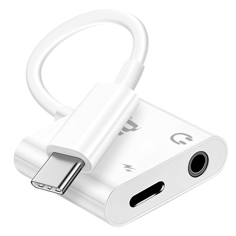 "Adaptateur de charge USB C Power Delivery et Audio Jack 3.5mm Blanc - Neuf"