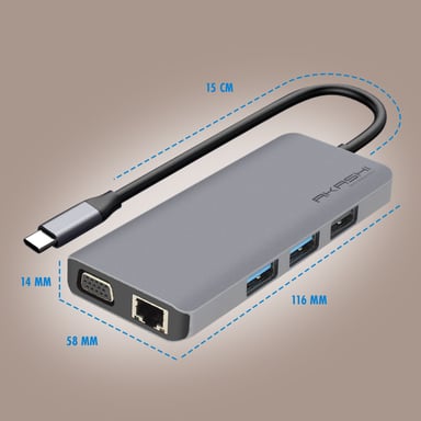 Akashi Hub USB-C 9 en 1 para carga y sincronización - Gris