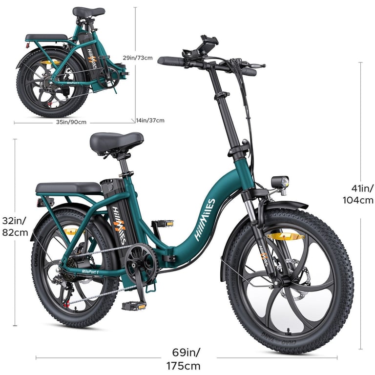 Bicicleta Eléctrica HillMiles MilePort 1 – Motor 250W Batería 36V13Ah Neumáticos De 20 Pulgadas Freno De Disco Mecánico - Verde