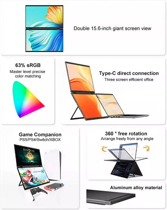 Moniteur portable Lipa HDR 72 Dual Full HD Écran pliable Écran Moniteur informatique Moniteur ultra large Compatible Windows & MacOS Neuf - vue 3