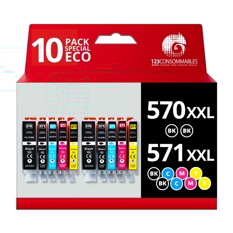 123CONSOMMABLES 570 571XL Cartouche d'encre Compatibles avec Canon 570 571 pour Canon PIXMA TS5055 TS5050 MG5750 TS5053 MG6852 MG6850 MG5700 MG5752 MG5753 8 / 4 Cyan / 4 / 4 Jaune Neuf - vue 2