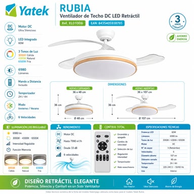 Ventilador de Techo LED Retráctil Yatek Rubia 60W Motor DC 6980 lm 6 Velocidades Mando a Distancia Luz Regulable Ø107 cm Blanco haya