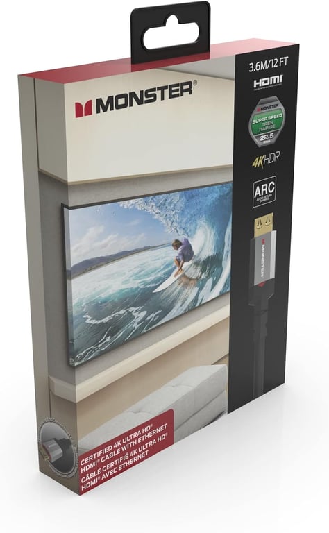 Câble HDMI Monster - Résolution 4K - Vidéo HDR - Audio Return Channel - 22,5 GBPS - Vitesse Éclair - Triple Blindage - Homologué UL et CL3-3,6 Mètres - Neuf