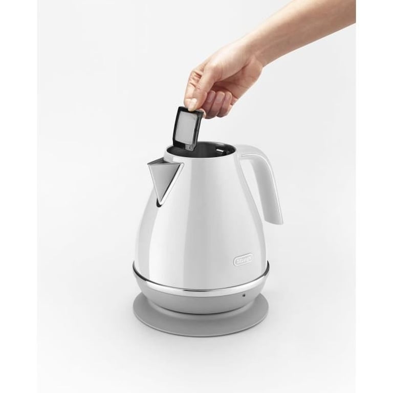 Bouilloire électrique De'Longhi Icona Capitals 1,7 L acier inox blanc Base pivotante 360° sans fil Élément chauffant caché Filtre anti-calcaire amovible Indicateur de niveau - Neuf
