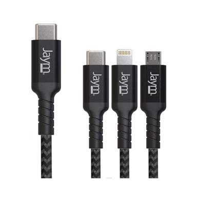 Jaym - Cable Premium 1,5 m - USB-C vers 3 Sorties : Lightning Type-C et Micro USB - Garanti à Vie - Ultra renforcé - Longueur 1,5 mètres