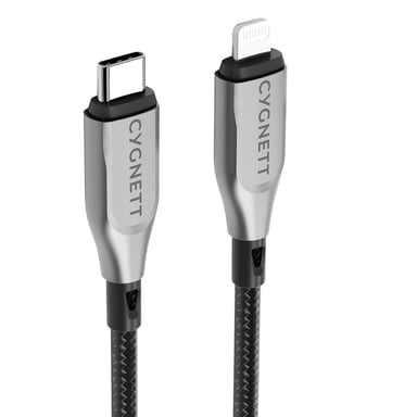 CYGNETT Cable blindado de carga y sincronización de serie de Lightning a USB-C de 30 W 50 cm Negro
