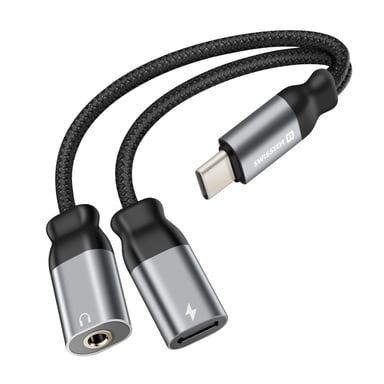 Swissten Adaptador carga/audio USB-C 3.5mm 2en1 nylon Negro