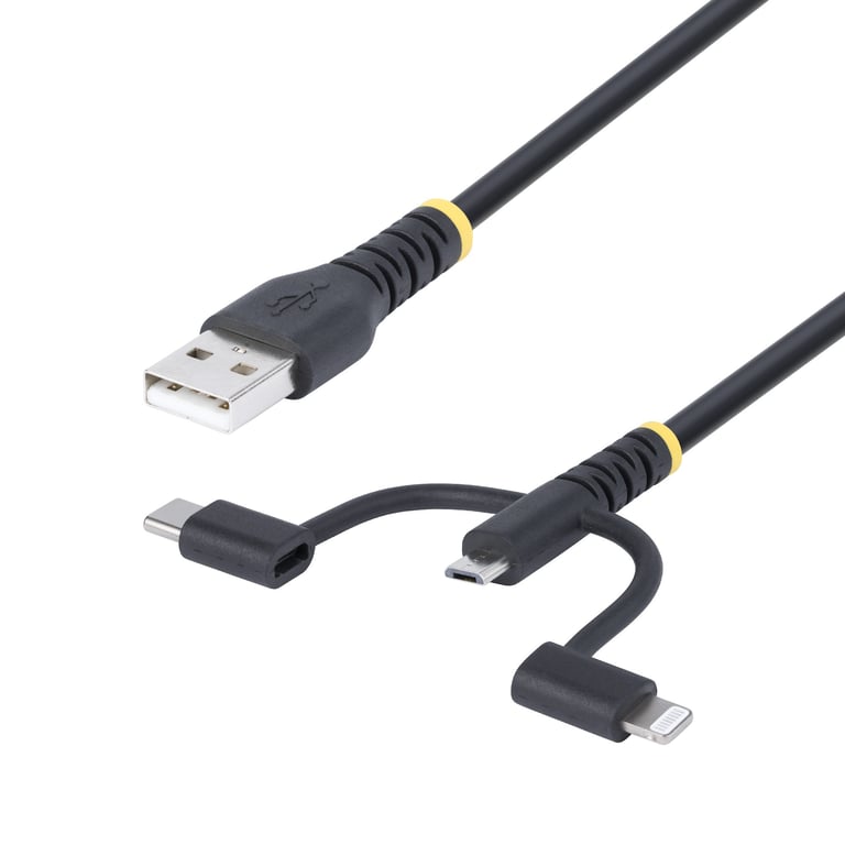 StarTech.com Câble de Charge USB de 1m Robuste, USB vers Lightning/Micro-USB/USB-C, Certifié Apple MFi, Gaine en Aramide, Cordon de Charge USB Universel 3-en-1 pour iPhone/iPad/Android - Neuf