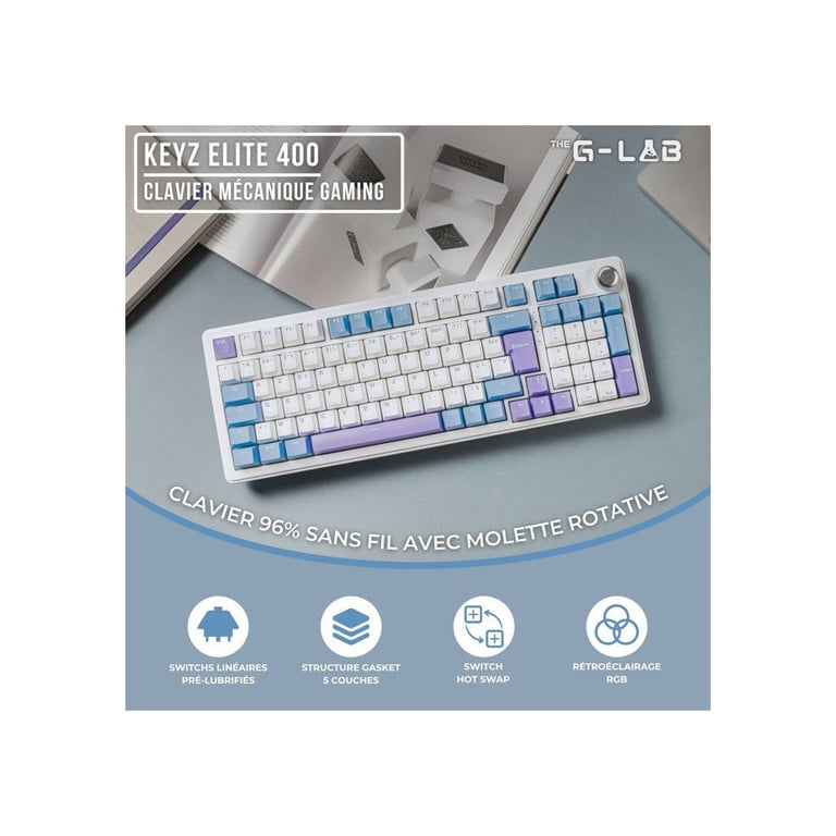 Clavier Gaming The G-Lab Keyz Elite 400 – Triple Mode, RGB, AZERTY - vue 6