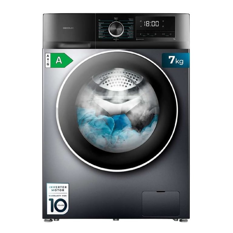 Cecotec Lave linge 7 kg à chargement frontal Bolero Dresscode 7500 Inverter Steel A Classe A 1400 trmin Révolutions programmables 16 programmes Steam Max Allergy Care Affichage.