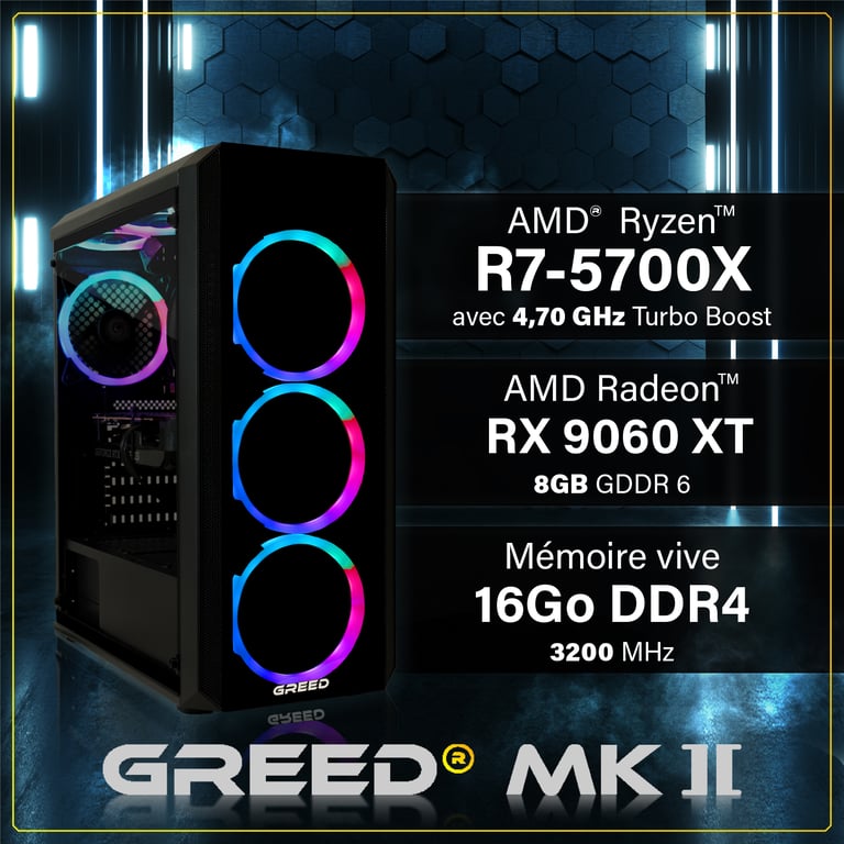 GREED MK2 Gaming PC / Ordinateur AMD Ryzen 7 Nvidia Geforce RTX 5060 RAM DDR4 SSD PC Gamer avec WiFi + Windows 11 Pro Neuf - vue 2