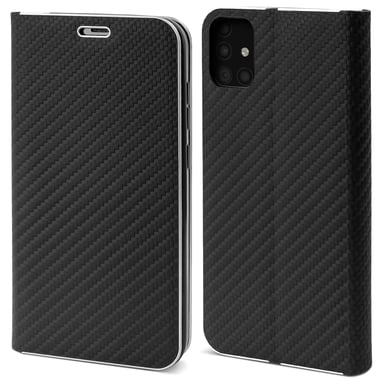 Moozy Étui Portefeuille pour Samsung A51, Noir Carbone - Protection des Bords Métalliques Fermeture Magnétique Flip Cover avec Porte-Cartes