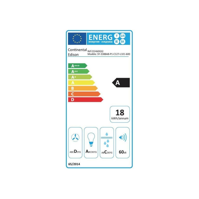 Hotte Décorative Continental Edison CEH60GS2 – Classe A, Inox/Verre - vue 5