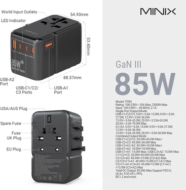 Adaptador de Viaje Universal MINIX TP85 con Puertos PD 85W, Enchufe AC Internacional, 2 Puertos USB-A y 3 Puertos USB-C, Cargador de Viaje Mundial, Compatible con EE. UU., Europa, AU, UK.