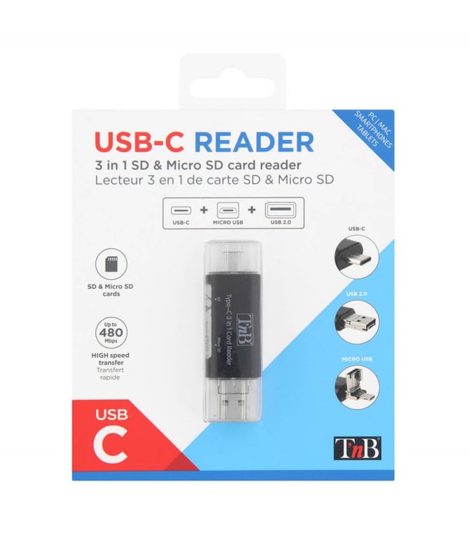 T'nB Lecteur de carte 3 en 1 SD microSD micro USB 2.0USB 2.0USB C - vue 4