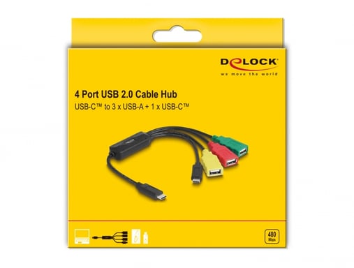 DeLOCK Concentrador de cables USB 2.0 de 4 puertos USB Type-C a 3 x USB-A hembra + 1 x USB-C macho