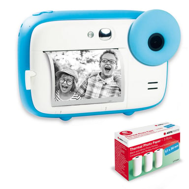 AGFA PHOTO Pack Realikids Instant Cam + 3 rollos extra Papel Térmico ATP3WH - Cámara instantánea para niños, pantalla LCD de 2,4', batería de litio, espejo selfie y filtro fotográfico - Azul