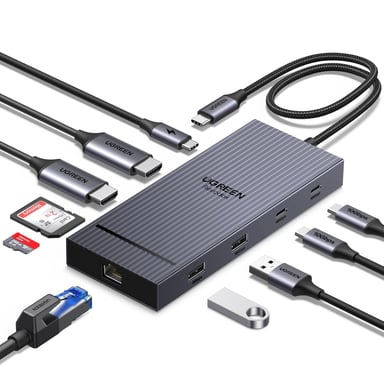 Revodok Pro 2102 Docking Station USB C Double HDMI 4K 60Hz 10 en 1 Hub USB C 10Gbps Adaptateur Ethernet Gigabit PD 100W Charge Lecteur de Carte SD TF Multi Data Ports