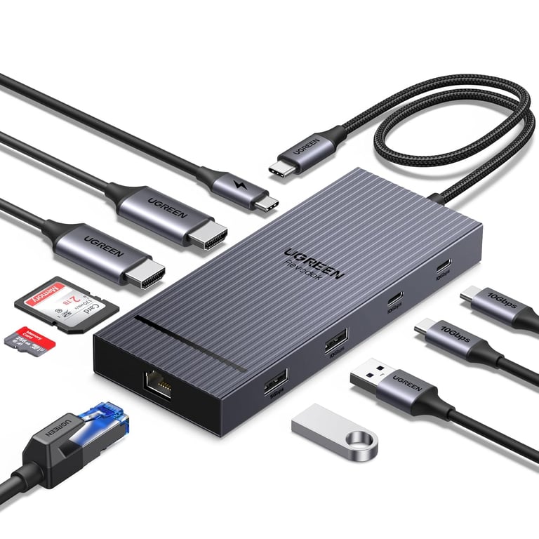 Revodok Pro 2102 Docking Station USB C Double HDMI 4K 60Hz 10 en 1 Hub USB C 10Gbps Adaptateur Ethernet Gigabit PD Charge Lecteur de Carte SD TF Data Ports Neuf