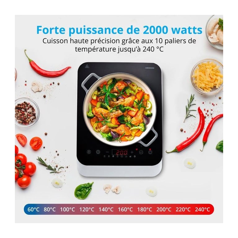 Plaque Induction Posable MEDION MD18490 1 Foyer 60240°C 8 Programmes 29 x P 36 x H 6 cm - vue 4