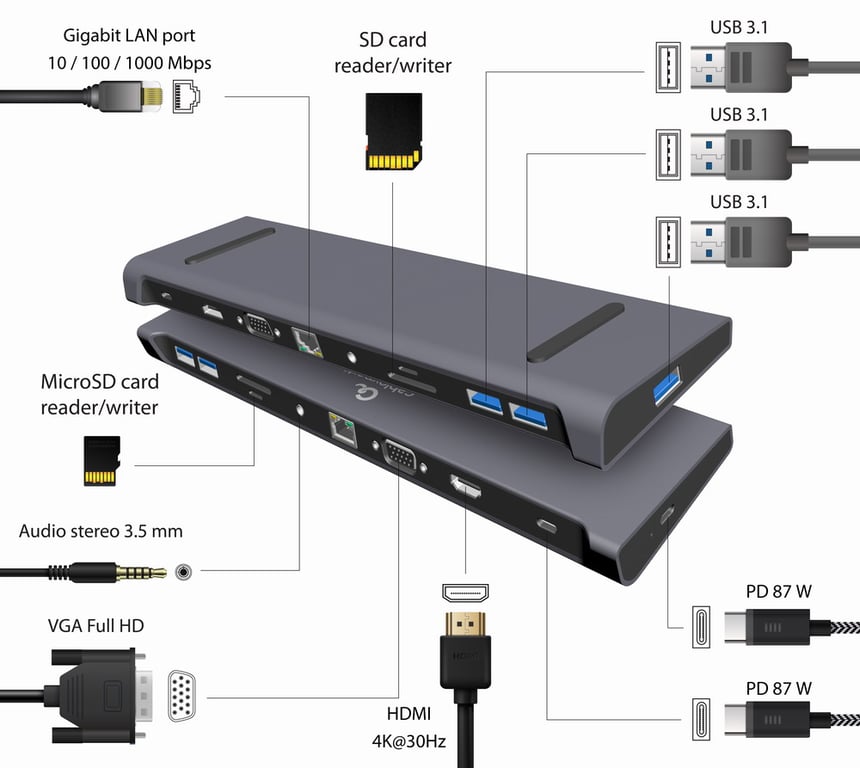 ADAPTADOR MULTIPUERTO USB TIPO C 10 EN 1 3 5 MM ESPACIAL - vue 3