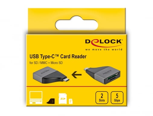 Lettore di schede DeLOCK USB Type-C per schede di memoria SD / MMC + Micro SD - compatto