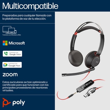 Poly Auriculares Blackwire 5220 estéreo USB-C + conector de 3,5 mm + adaptador USB-C/A (paquete)