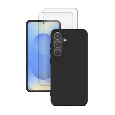 EVETANE Coque Galaxy S25 silicone liquideNoire + 2 Vitres en Verre trempé Protection écran Antichocs