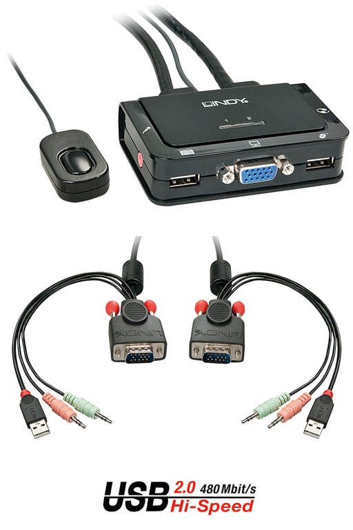 Lindy Switch KVM 2 Ports VGA, USB 2.0 & Audio, Câbles Intégrés - Neuf