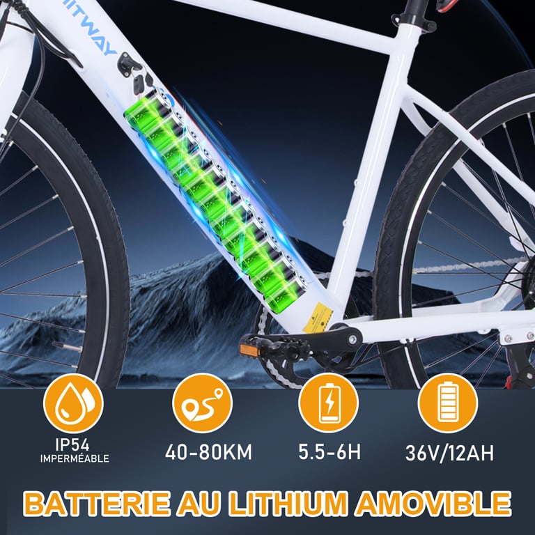 Vélo Électrique, Ville E-Bike Vélo Électrique avec Batteries Amovibles au Lithium 36V 12Ah, Cadre en Aluminium, vélo de Montagne électrique 7 Vitesses, VTT Électrique pour Adultes, Autonomie 40-80km Blanc
