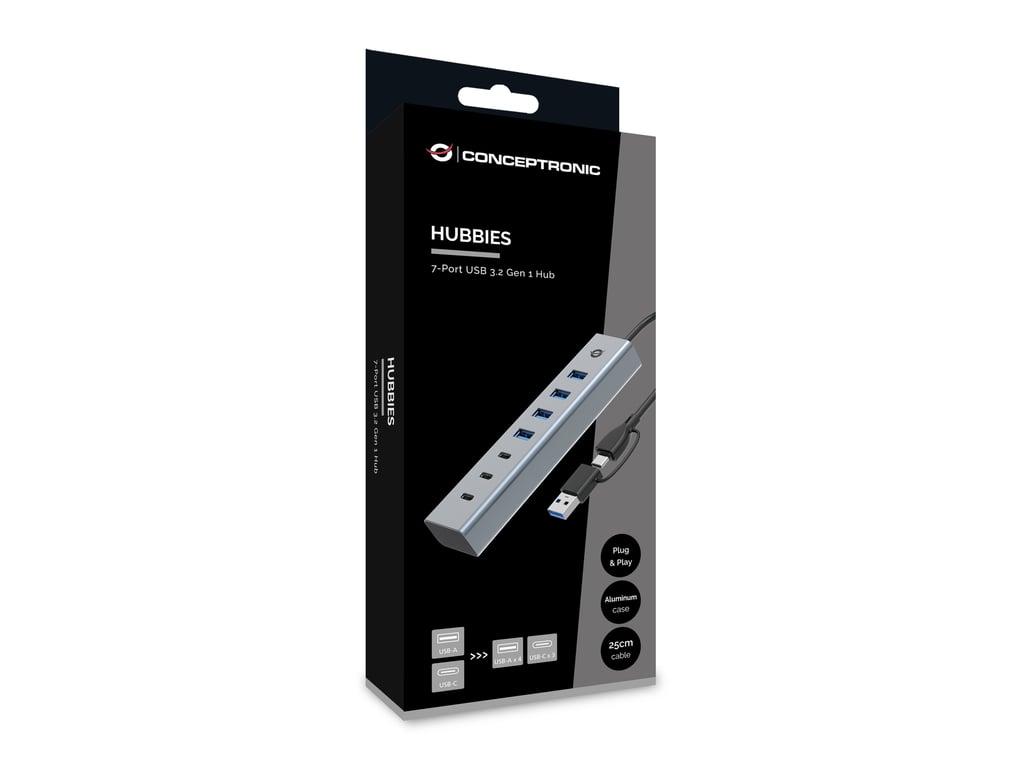 Conceptronic HUBBIES20G hub & concentrateur USB 3.2 Gen 1 (3.1 Gen 1) Type-C 5000 Mbit/s Gris - Neuf