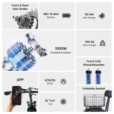 Trottinette électrique - F7 Moteur 1000 W, autonomie de 50 km, pneus neige 16'' - Noir