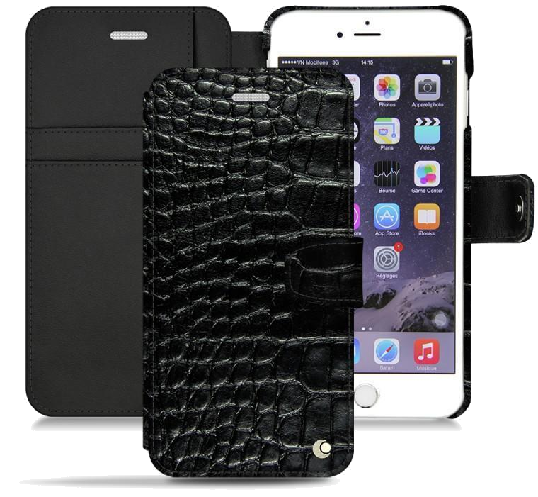Housse cuir Apple iPhone 6S - Rabat horizontal portefeuille - Crocodile nero - NOREVE