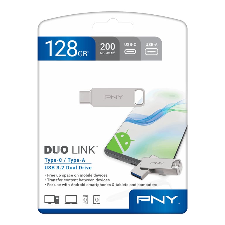 PNY DUO LINK lecteur USB flash 128 Go USB Type-A / USB Type-C 3.2 Gen 1 (3.1 Gen 1) Acier inoxydable - Neuf