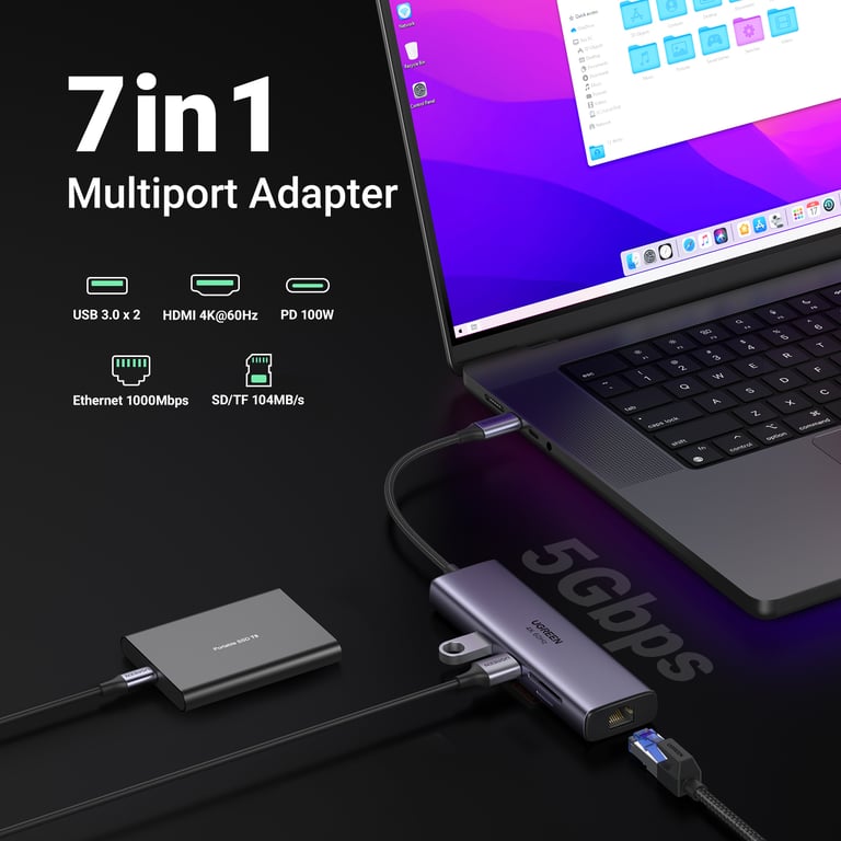 UGREEN Revodok 107 Hub USB C Ethernet Gigabit HDMI 4K 60Hz Lecteur de Carte SD TF PD 7 en 1 Docking Station Compatible avec MacBook iPad Pro Air Mac Mini M4 iPhone 17 Pro Max 16 Galaxy S25 - vue 3
