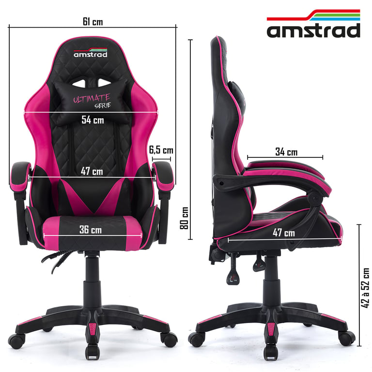 Amstrad ULTIMATE FUSHIA Fauteuil / Chaise de bureau Gamer coloris & fushia coussin lombaire & appuie tête - vue 4