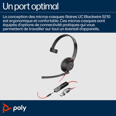 POLY Blackwire 5210 Cuffie monoaurali USB-C + connettore da 3,5 mm + adattatore USB-C/A