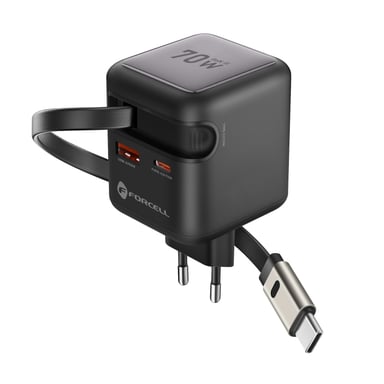 Chargeur Smartphone et Tablette 70W GaN III USB-C avec Câble Rétractable Compact Noir