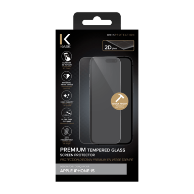 Protecteur d'écran en verre trempé de qualité supérieure pour Apple iPhone 15, transparent